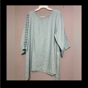 Blue Boxy Tunic with Cuffed 3/4 Sleeves